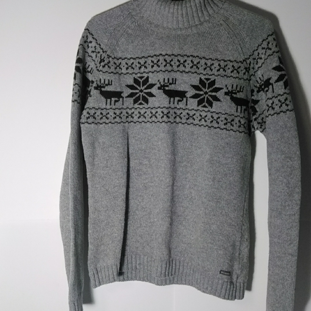 Vintage Med Columbia grey Wool blend w brown deer snowflake sweater turtleneck
